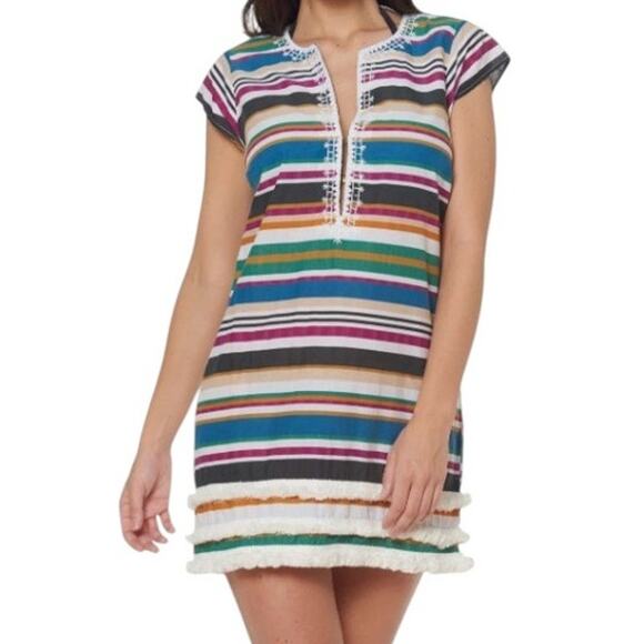 Liz Claiborne Tops - Bleu Rod Beattie Striped Fringe Tunic Swimsuit Cover-Up Embroidered Boho Size M